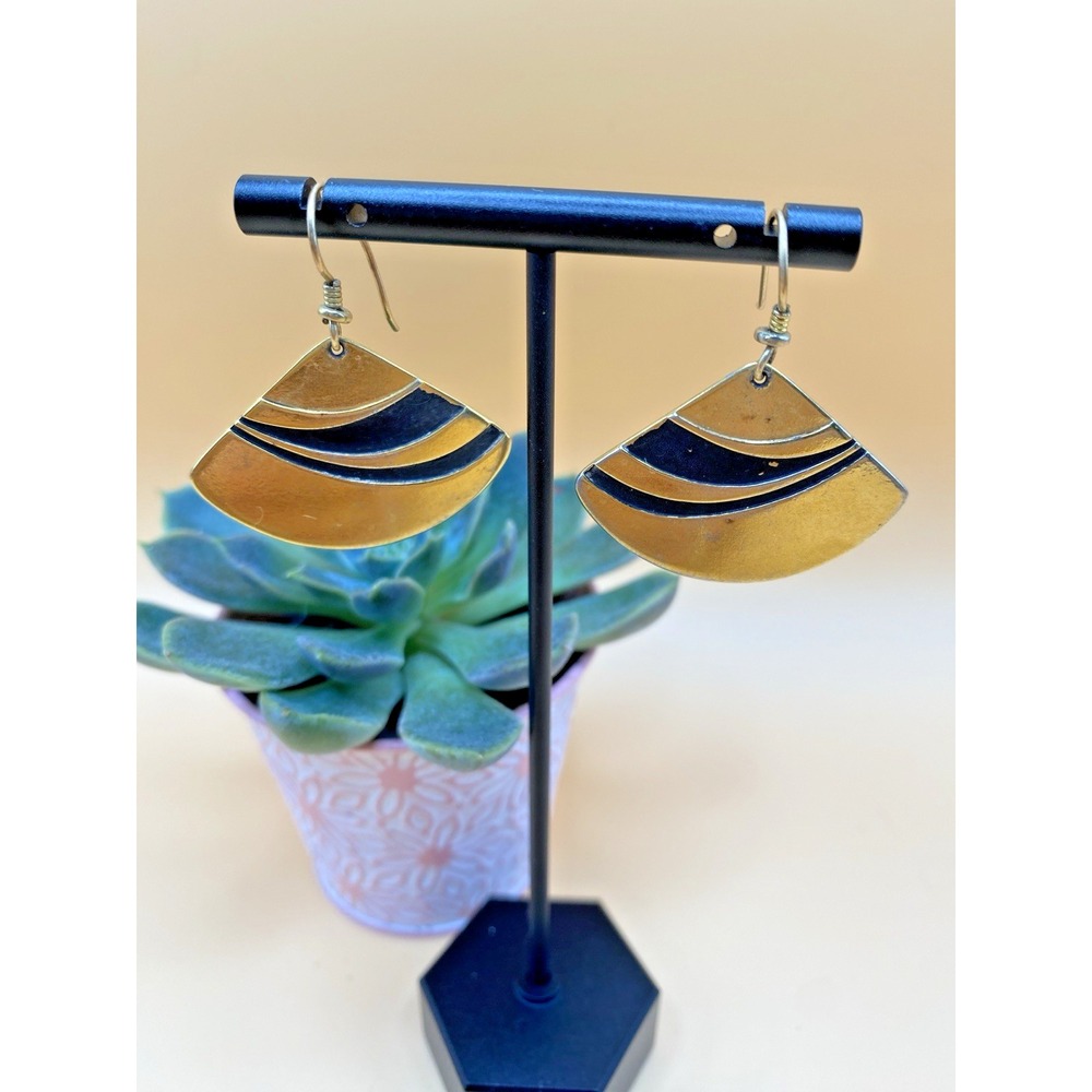 Vintage Laurel Burch Earrings Gold Toned Black Fan Dangle Abstract Design